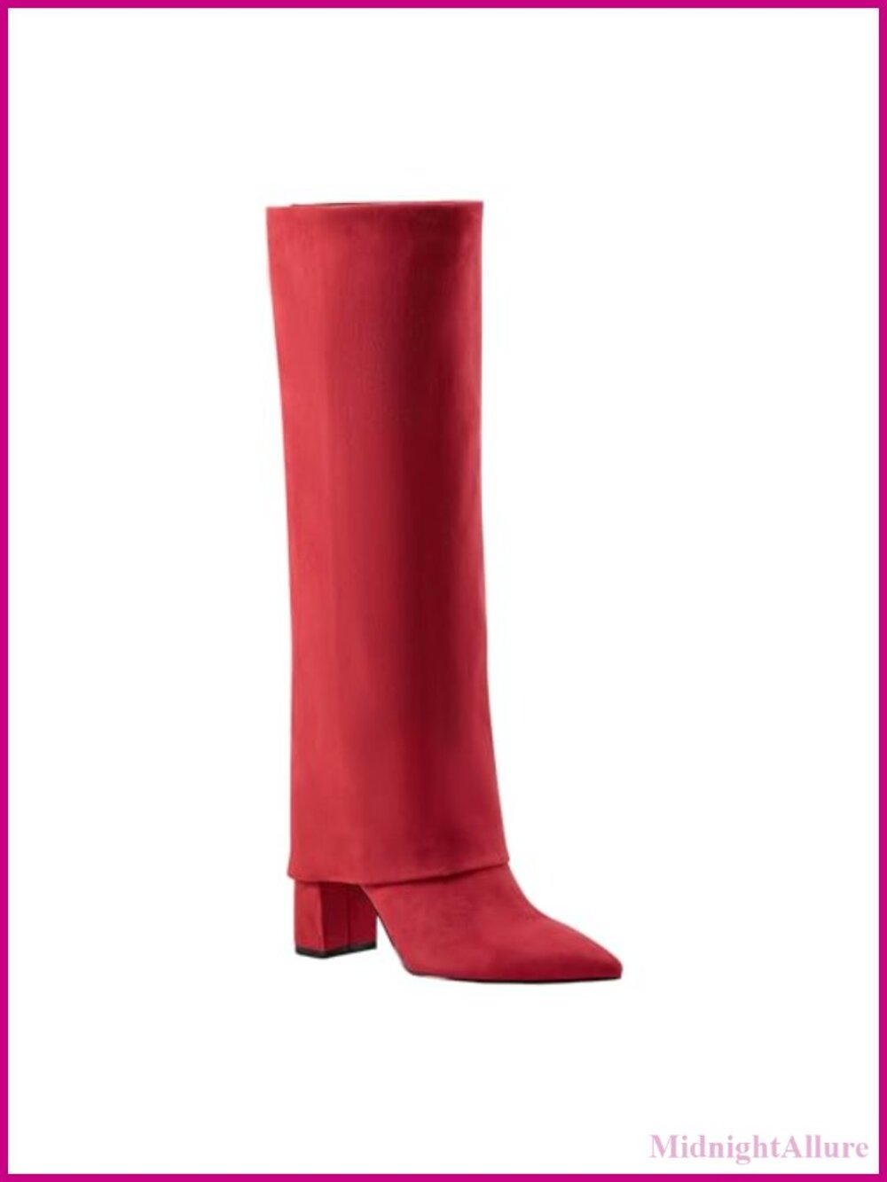 Pointy Toe Knee-High Fold Over Faux Suede Heeled Dress Boots